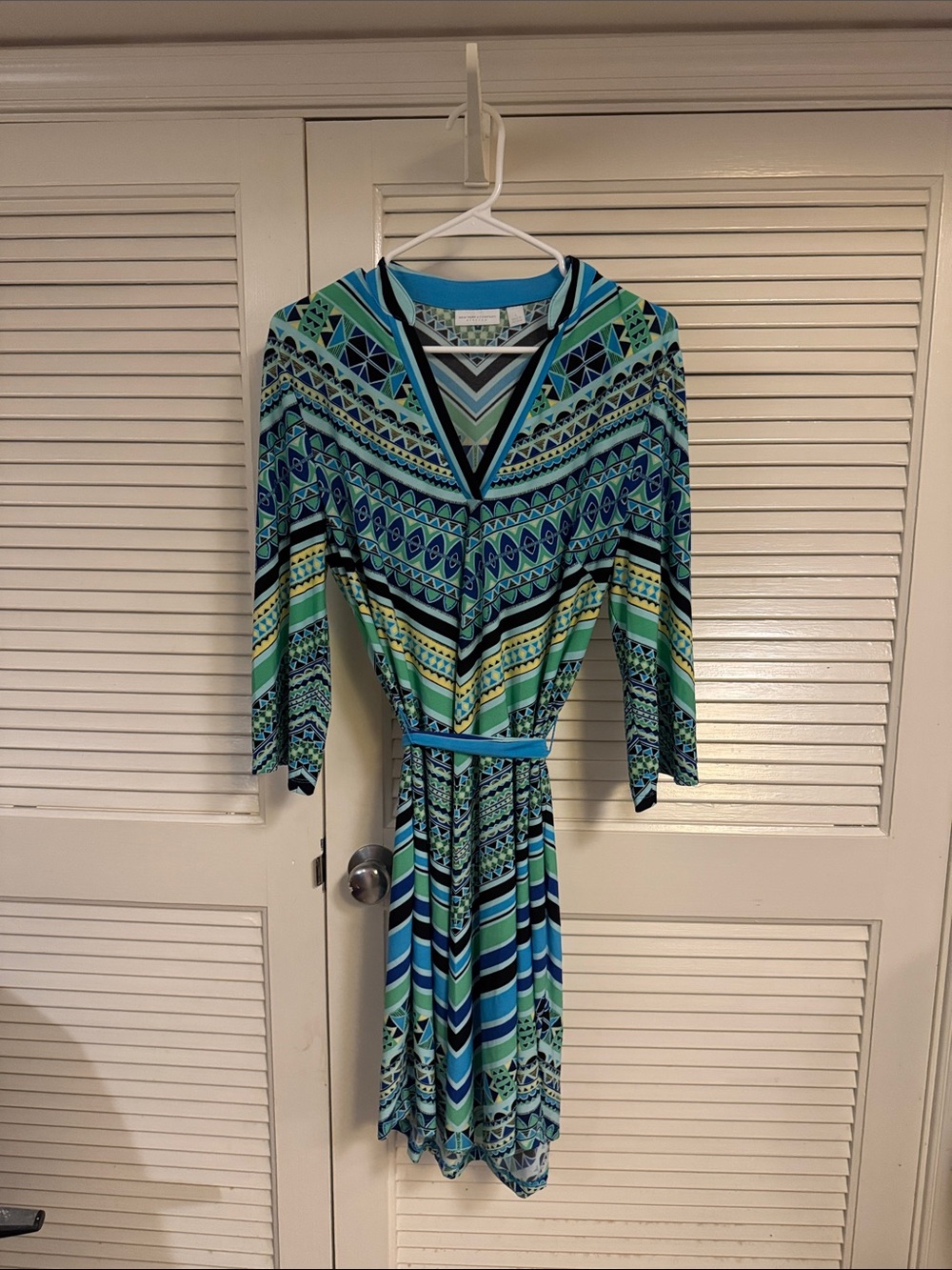 New York & Company Teal and Blue Geometric Wrap-Style Long Sleeve Dress